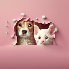 Fototapeta na wymiar Cute dog and cat peeking on pink background