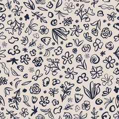 Doodled flowers, leaves, herbs, plants seamless repeat pattern. Random placed, hand drawn, vector botanical all over surface print on beige background.