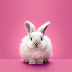 Obraz premium Cute fluffy white bunny on pink background