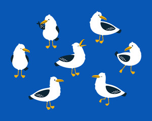 Cute seagull characters set. Isolated on a blue background. Cartoon hand drawn vector illustration.