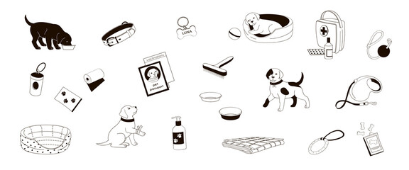 set of elements about caring for a puppy black and white linear illustration