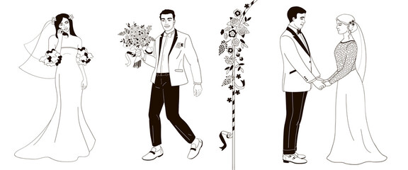 wedding day, bride and groom afro American .black and white  linear vector illustration