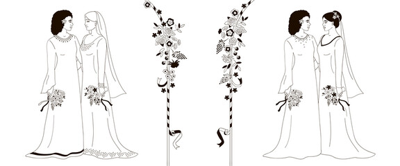  LGBT wedding concept Two african american women holding hands,  black and white vector illustration, Lesbian Marriage ceremony,