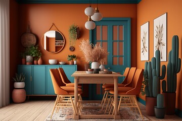 Stylish chair at the wooden dining table in trendy dining room interior, Interior Design 3d Illustration Created by Generative AI