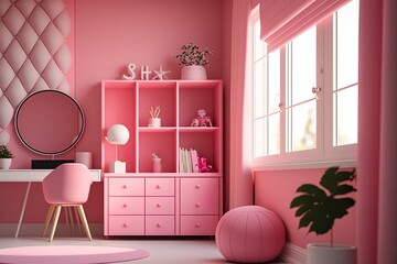 Natural, bright kid's bedroom interior with wooden furniture, Interior Design 3d Illustration Created by Generative AI