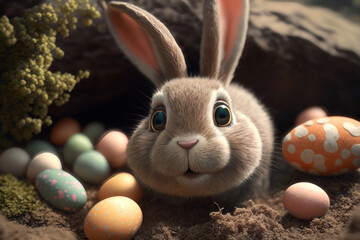 Illustration of the Easter Bunny with eggs. Generation AI
