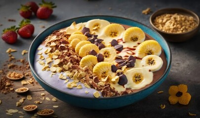  a bowl of cereal with banana slices and chocolate on top.  generative ai