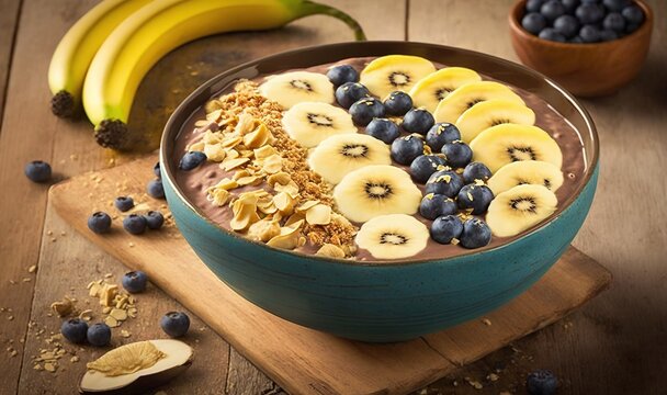  a bowl of oatmeal with bananas and blueberries.  generative ai