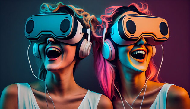 Dos chicas latinas sonriendo con gafas de realidad virtual sonriendo y jugando en un entrono art deco , generado con IA.