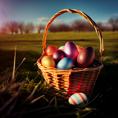 Easter basket filled with colorful Easter eggs in a field on a sunny day. Generative AI