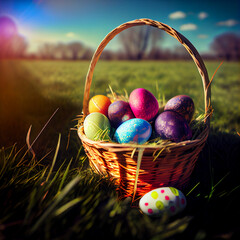 Easter basket with colorful eggs in a field on a sunny day with sun rays. Generative AI