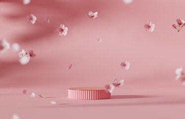 3D background, pink podium display. Sakura pink flower falling. Cosmetic or beauty product promotion step floral, pastel pedestal. Abstract minimal advertise. 3D render copy space spring mockup. - obrazy, fototapety, plakaty