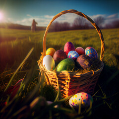 Easter basket with colorful eggs in a field on a sunny day with sun rays. Generative AI