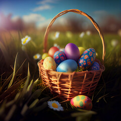 Easter basket with colorful eggs in a field on a sunny day with sun rays. Generative AI