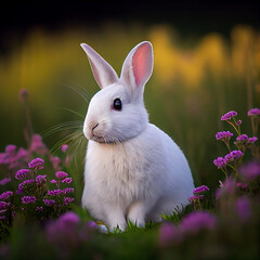 A white Easter rabbit sitting in a field with purple flowers. Generative AI