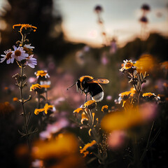 Bee flying between flowers in a field on a sunny day. Generative AI. 