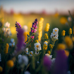 Beautiful colorful flowers in a field on a sunny day, Generative AI