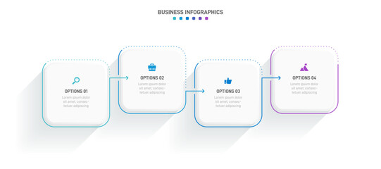 Timeline infographic with infochart. Modern presentation template with 4 spets for business process. Website template on white background for concept modern design. Horizontal layout.