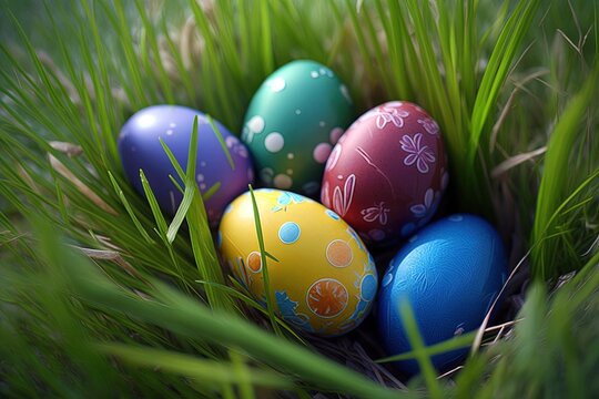 Group of colorful decorated easter eggs in grass, happy easter. Generative AI