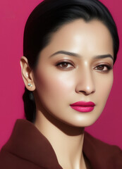 beautiful Pakistani woman on red background, Generative AI