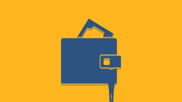 Blue Wallet with stacks paper money cash icon isolated on orange background. Purse icon. Cash savings symbol. 4K Video motion graphic animation