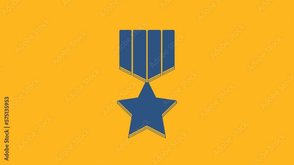 Poster blue military reward medal icon isolated on orange background. army sign. 4k video motion graphic an