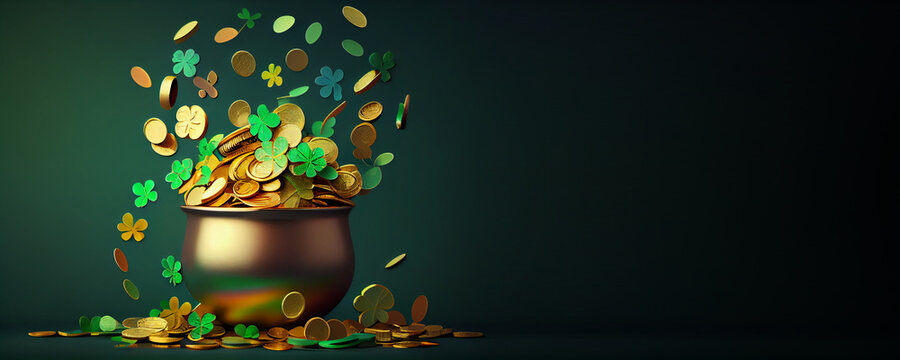 Pot of luck with coins, shamrocks and clovers, Banner, St. Patrick's Day, Generative AI	