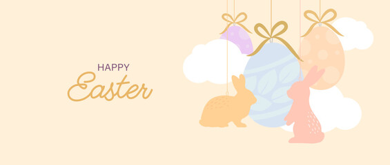 Happy Easter greeting banner with rabbits, egg and clouds. Vector illustration.
