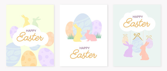 Set of three greeting card for Easter Day. Nice rabbit with egg. Vector illustration.