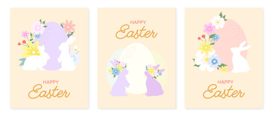 Fototapeta na wymiar Nice rabbits, eggs and flowers on a pink background. Set of three greeting card for Easter Day. Vector illustration.