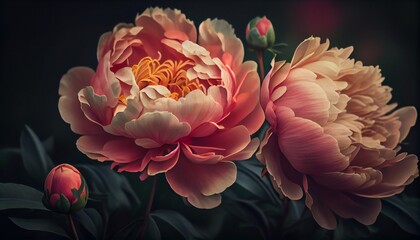 Beautiful pink peony flower in the garden with the sunshine. Generative AI, Generative, AI