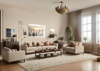 Decorated living room, 3d render illustration created with Generative AI technology
