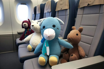 Group of stuffed animals sitting airplane seats