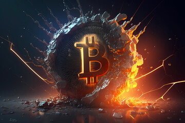 Bitcoin is world currency for dark background gold and blue lightning electricity. Generation AI