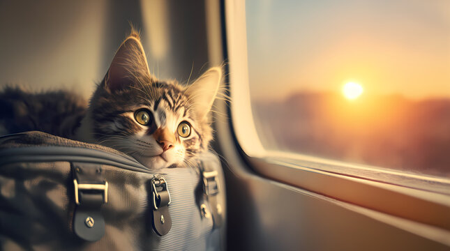 Happy traveler cat in bag transportation in airplane and train transport. Concept travel with pet animal. Generation AI