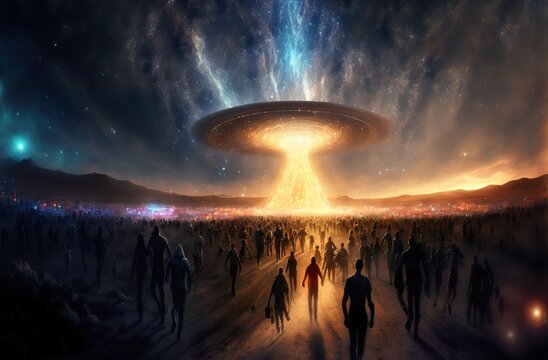 Menschen werden von einem Raumschiff in Form von einem klassischen runden UFO angezogen, um mitgenommen zu werden in andere Welten. SCI-FI Szene al Hintergrund