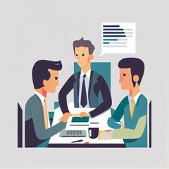 Vector image of three businessmen sitting at a table discussing work. Generative AI
