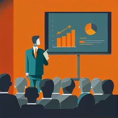 Vector images of a sales person presenting in a meeting with sales chart. Generative AI 