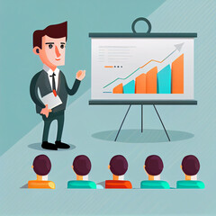 Vector images of a sales person presenting in a meeting with sales chart. Generative AI 
