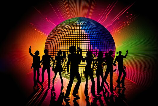 Retro Disco Party Symbol mit tanzenden Menschen als Silhouette. Poppige Farben und feiernde Leute in den 70 und 80 Jahren im Disco Fieber.