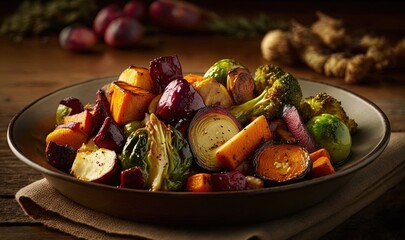  a bowl of roasted vegetables sits on a wooden table next to other vegetables.  generative ai