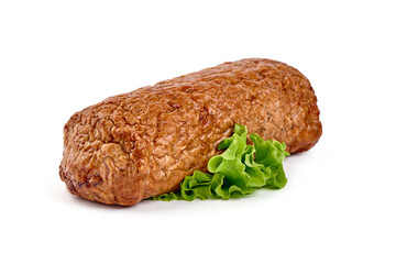 Baked meatloaf, minced meat roll, isolated on white background.