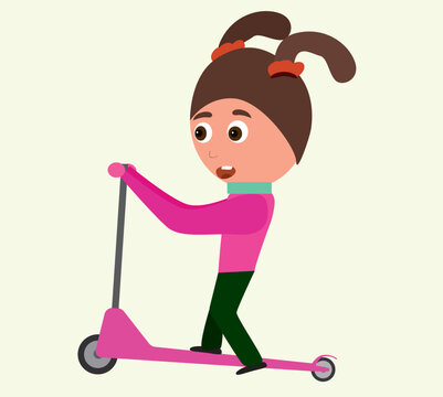 A girl rides a pink scooter