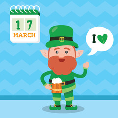 Leprechaun with mug if it's beer. Saint Patrick's Day symbol. Vector illustration.Isolated on white background.