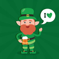 Leprechaun with mug if it's beer. Saint Patrick's Day symbol. Vector illustration.Isolated on white background.