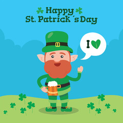 Leprechaun with mug if it's beer. Saint Patrick's Day symbol. Vector illustration.Isolated on white background.