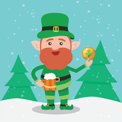 Leprechaun with mug if it's beer. Saint Patrick's Day symbol. Vector illustration.Isolated on white background.
