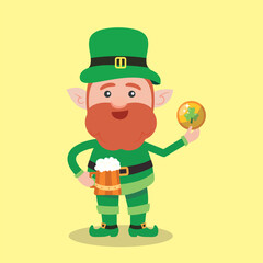 Leprechaun with mug if it's beer. Saint Patrick's Day symbol. Vector illustration.Isolated on white background.