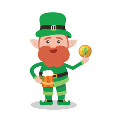 Leprechaun with mug if it's beer. Saint Patrick's Day symbol. Vector illustration.Isolated on white background.