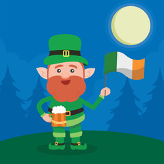 Leprechaun with mug if it's beer. Saint Patrick's Day symbol. Vector illustration.Isolated on white background.